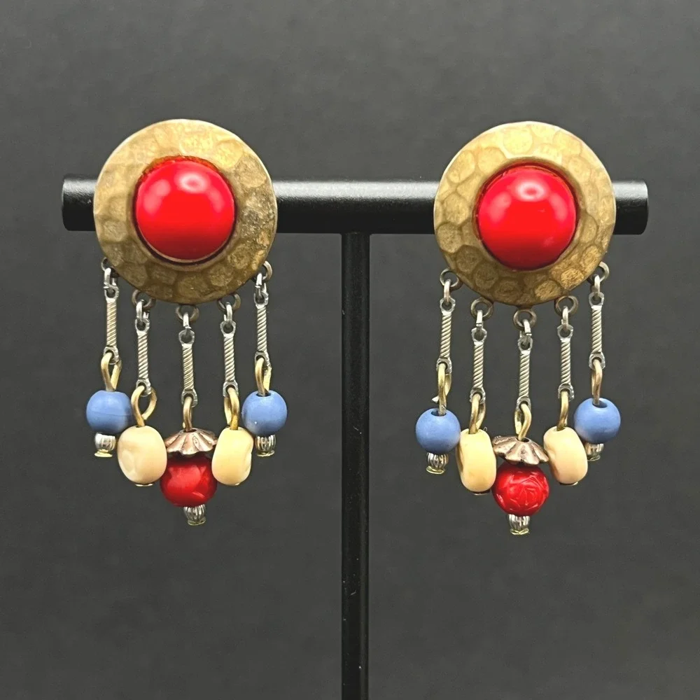 Vintage Boho Earrings Earrings Hammered Brass Red Blue White Beaded